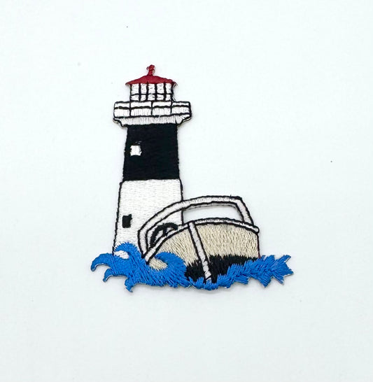 Lighthouse with Boat, Embroidered Iron-On 2.5" x 2"
