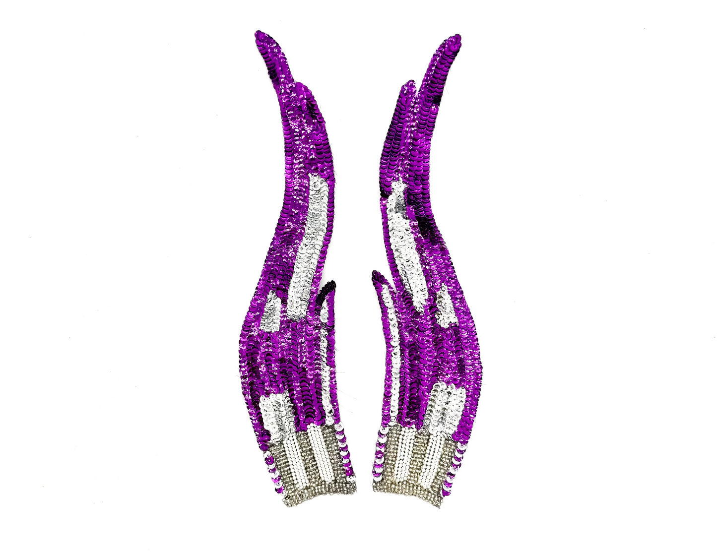 Flame Appliqué - Pair - Purple/Silver Sequins - Silver Glass Beads - Pearls  12" x 3"