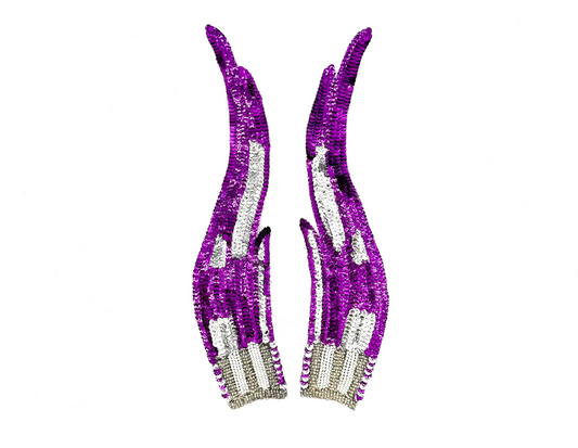 Flame Appliqué - Pair - Purple/Silver Sequins - Silver Glass Beads - Pearls  12" x 3"
