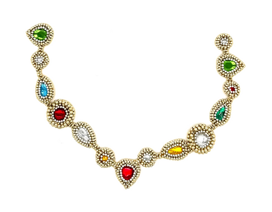 Gold strand patch with colorful gemstones on a white background