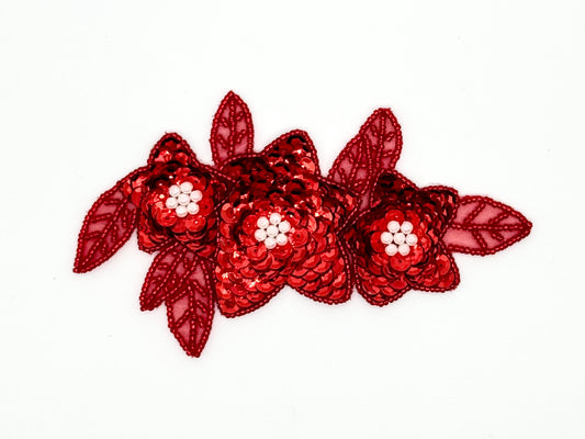 Triple Red Flower Appliqué with Red Sequins and beads  with Pearl Centers  5.5" x 3.25"