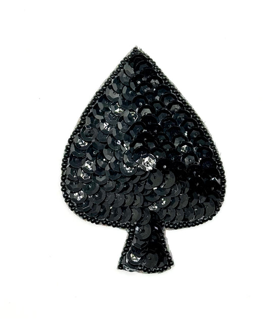 Spade in Black Sequins with Silver or Black Beads 3.25" x 2.5"