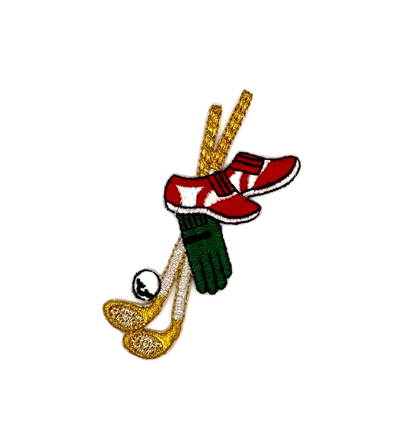 Palos de golf con pelota, zapatos y guantes, multicolor con bordado dorado metálico termoadhesivo 3.5" x 1.5"