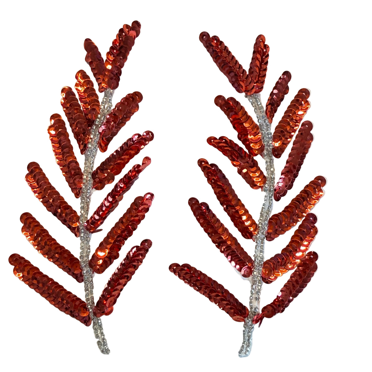 Red Sequin Leaf Appliqué with Silver Glass Beads, Pair or Single, 6 x 3 in