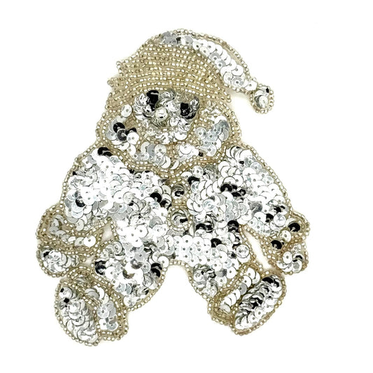 Silver Santa Bear Christmas Appliqué - 5.25" x 4.5"