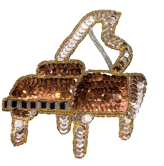Piano con lentejuelas bronce y oro y cuentas oro, blanco y negro de 12.7 cm x 11.4 cm