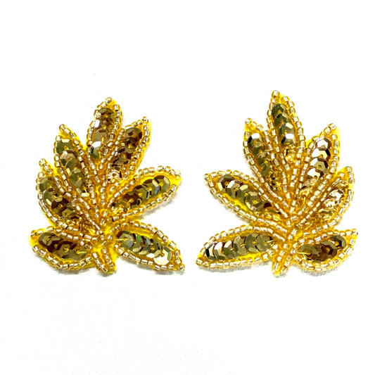 Gold Sequin Fan-Leaf Pair Appliqué with Seed Beads — 1.75"