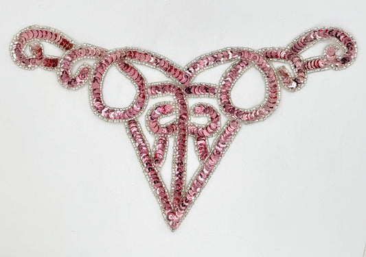 Designer Motif Neckline with Pink Sequins and Silver Beads 10.5" x 5"