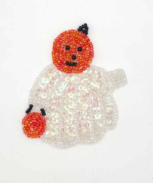 Ghost With Pumpkin Head and Pumpkin Treat Tote - Iridescent Sequins and Iridescent, Orange and Black Beads 3" x 3"