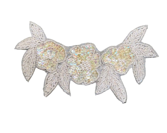 Triple Flower Appliqué - Iridescent Beige Sequins - Bugle and Glass Beads - Pearl Centers 7.5" x 4"