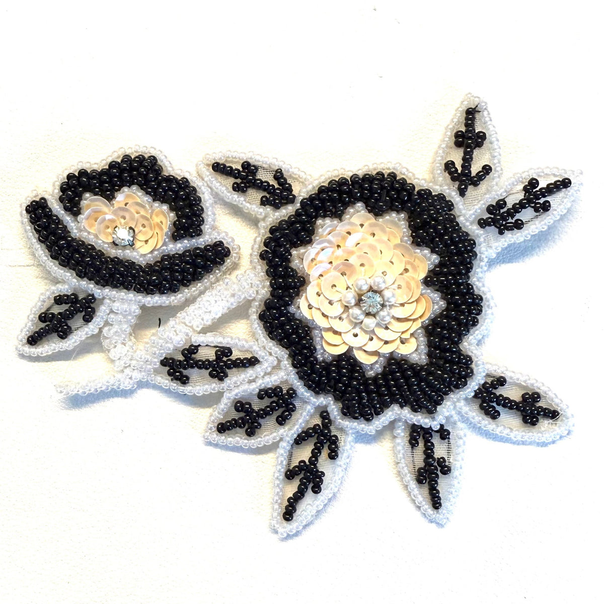 Black & White Sequin & Bead Flower Appliqué with Rhinestones – 4.75" x 4"