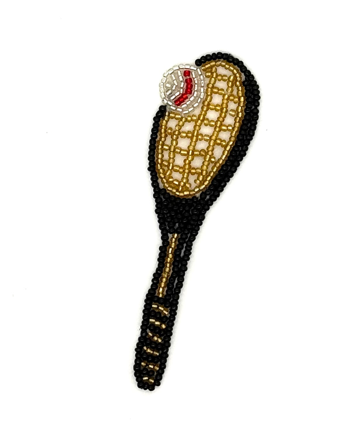 Aplique de Raqueta de Tenis con Cuentas Negro y Dorado con una Pelota Plateada y Roja de 4.25" X 1.25"