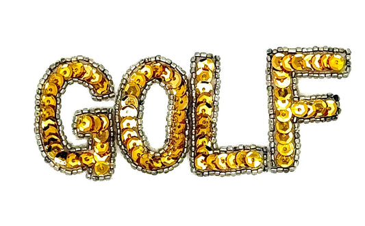 Aplique de tela con la palabra "Golf" con lentejuelas doradas y cuentas plateadas de 3.8 cm x 8.2 cm
