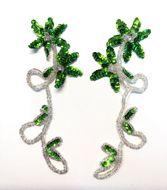 Par de Flores con Lentejuelas Verdes y Cuentas Plateadas y Diamantes de Imitación 8" x 3"