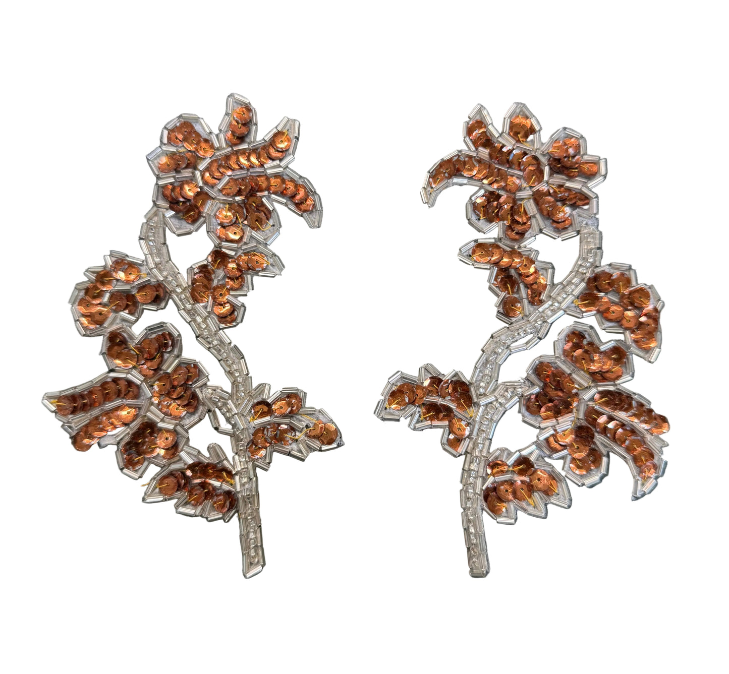 Bronze Sequin Leaf Spray Appliqué Pair - Copper Sequins & Silver Bugle Beads - Mirror Set 5.5" x 3.5"