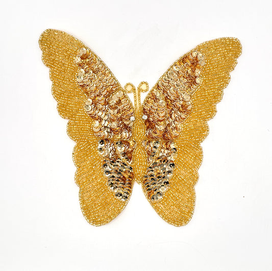 Handmade Butterfly Applique with Gold Sequins and Beads and Clear Rhinestones  75" x 7"