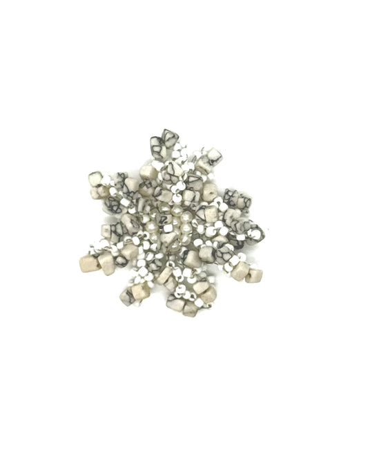 Flower Shape Brooch with Grey Stones, Pearls and White Beads 2.5"