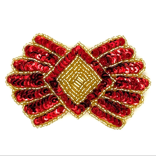 Lazo de diseño con motivo de lentejuelas y cuentas rojas y doradas 9.5 cm x 6.3 cm