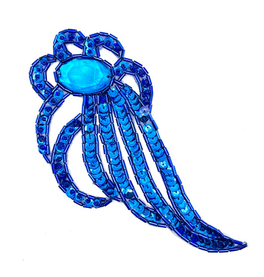 Designer Motif with Royal Blue Sequins, Beads and a Rhinestone Center Jewel 6" x 3"