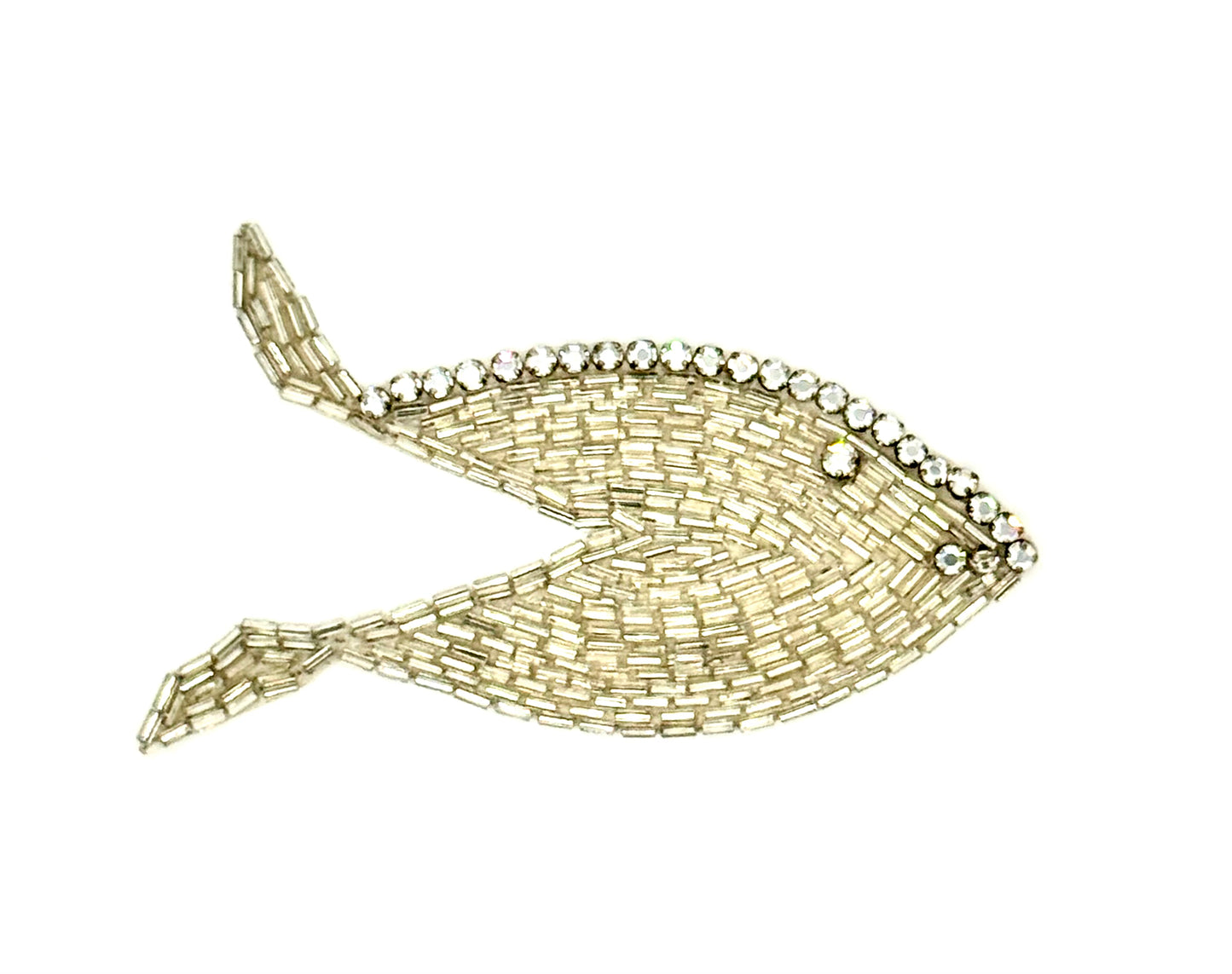 Designer Motif Vintage Fish Shaped -  Silver Beads - Rhinestones 4" X 2"