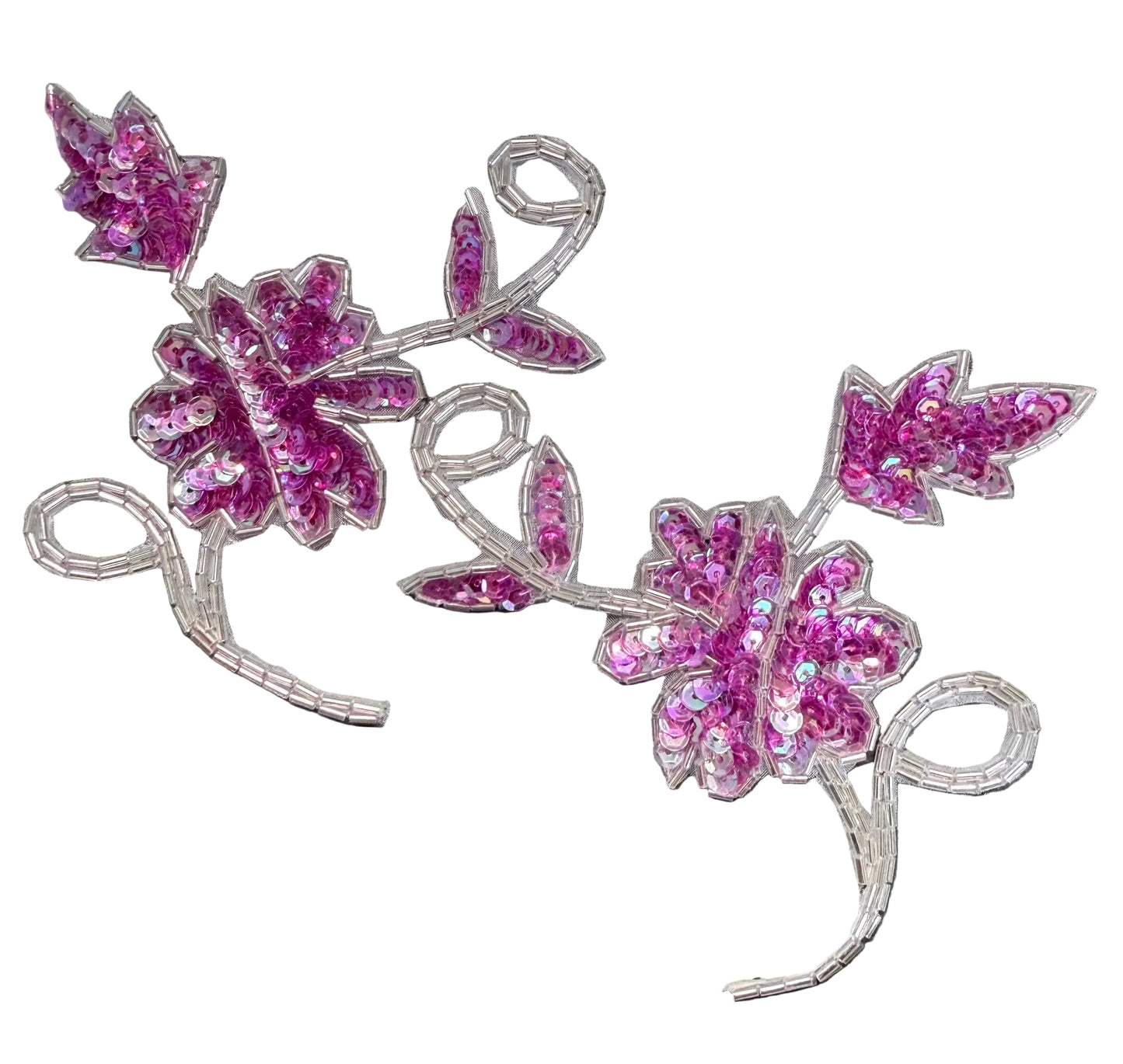 Flower Pair Appliqué  - Six Different Color Choice Sequins - Silver Beads 5" x 4.5"