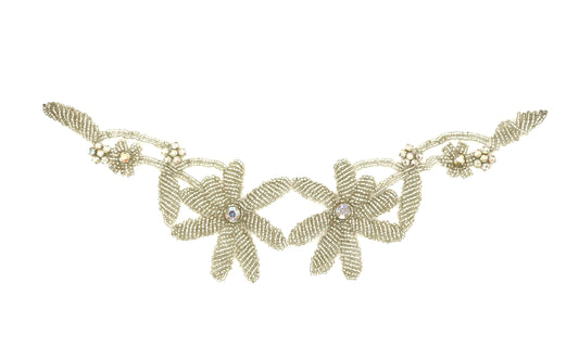 Designer Motif Flower Neckpiece - Silver Beaded -  AB Rhinestones 11.5”x 3”