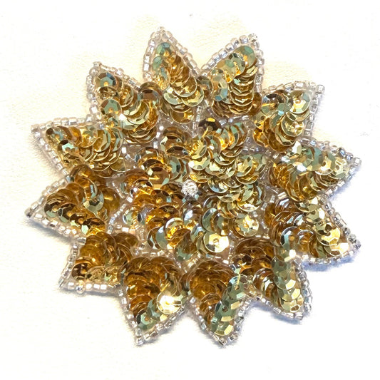 Gold Sequin Flower Appliqué with Rhinestone – 3" x 3"