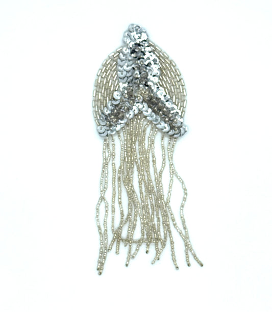 Epaulet - Silver Sequins - Silver Beaded Fringe 7" x 2.5"