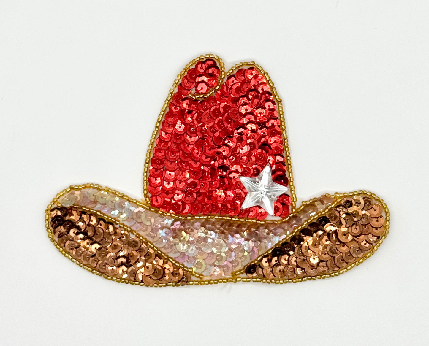 Cowboy Hat - Red and Gold Sequins - Gold Beads - Star Rhinestone - 6" x 4"