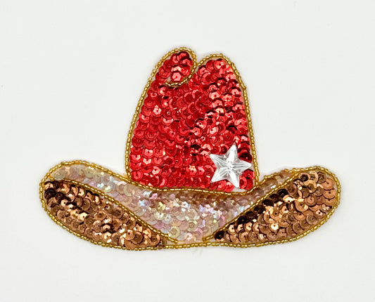 Cowboy Hat - Red and Gold Sequins - Gold Beads - Star Rhinestone - 6" x 4"