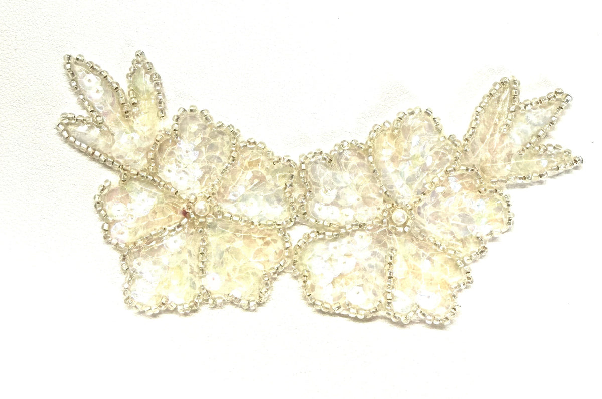 Double Flower Appliqué - Choice of Color Sequins - Glass Beads - Pearl Center 5.5” x 3”