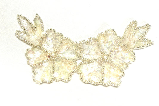 Double Flower Appliqué - Choice of Color Sequins - Glass Beads - Pearl Center 5.5” x 3”