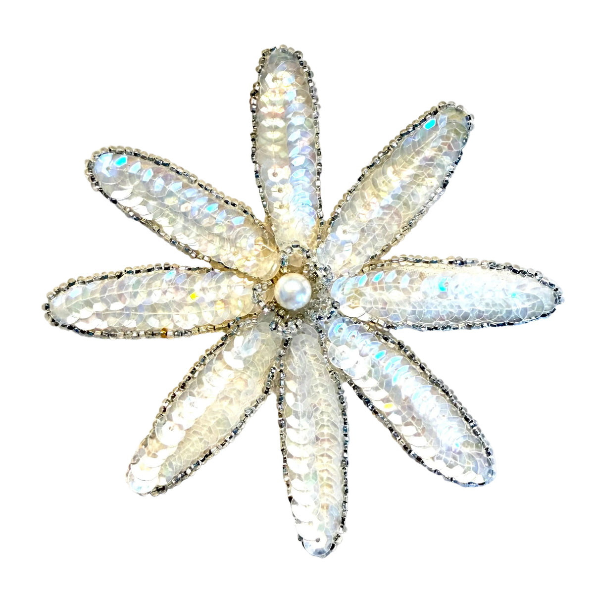 Flor con Lentejuelas Iridiscentes y Cuentas Plateadas con Perla Central 10,16 cm x 10,16 cm