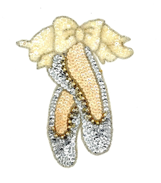 Ballet Slippers with Bow - Silver/Beige/iridescent Sequins - Silver Glass Beads 7.5"x 6"