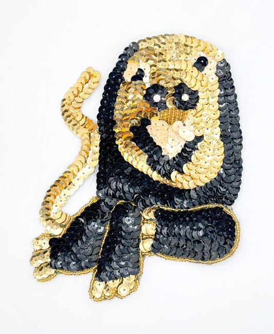 Lion with Black, Cream and Gold Sequins, Gold Beads and Rhinestone Eyes 5.5" x 5"