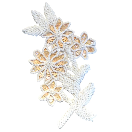 Beige Sequin & White Beaded Flower Appliqué – 6" x 3.5"