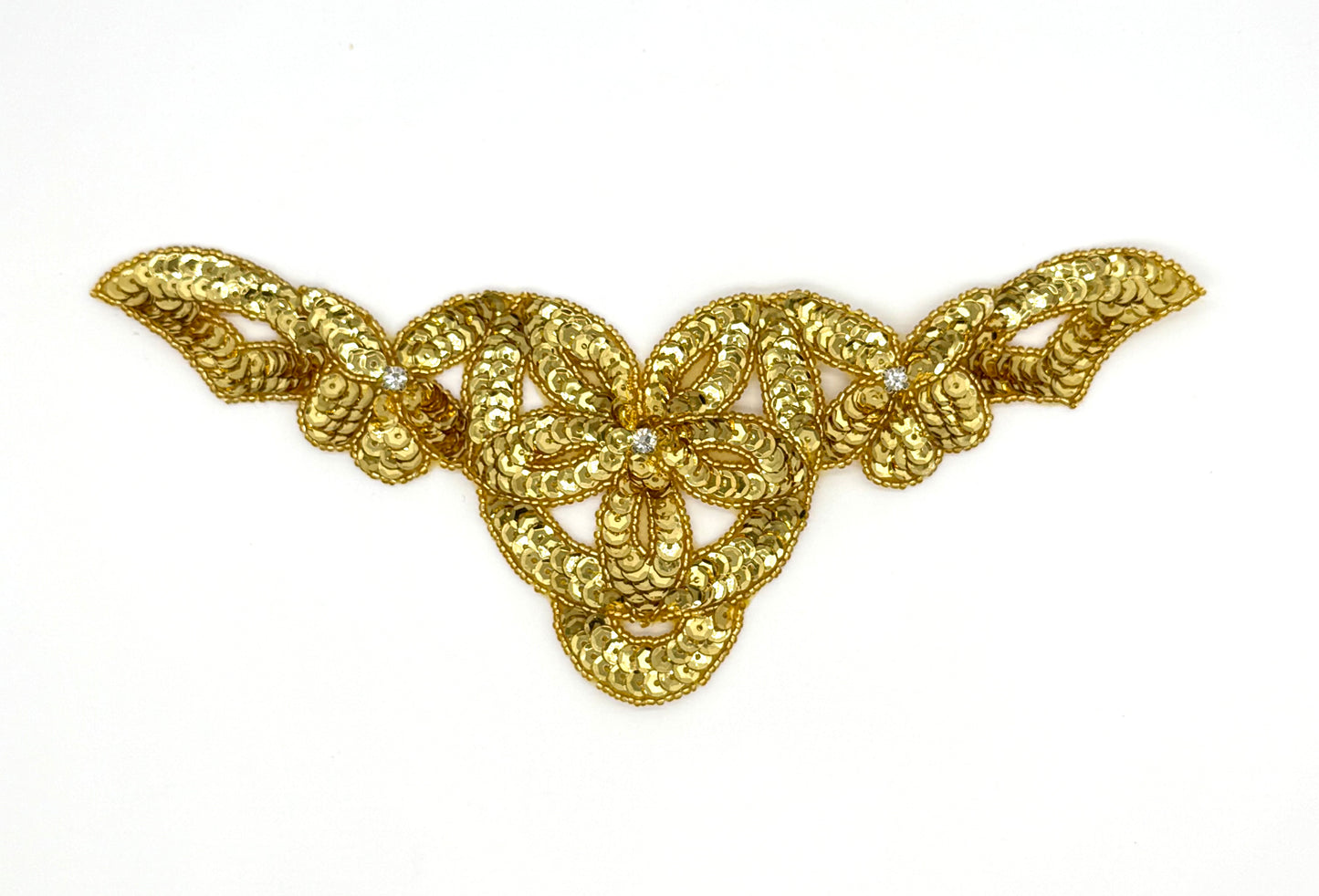 Collarín de diseño con motivo de flores - Lentejuelas doradas - Cuentas - Diamantes de imitación 10.5"x 4.5"