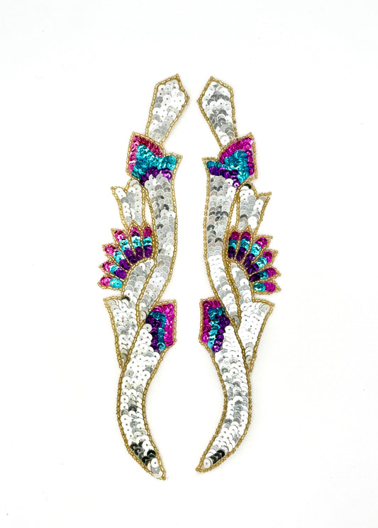 Sequin accent pairs with colorful sequins and gold beads on a white background