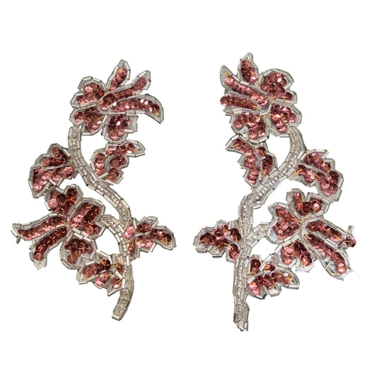 Antique Rose Sequin Floral Vine Appliqué Pair - Silver Bugle Beads - Mirror Set 5.5" x 3.5"