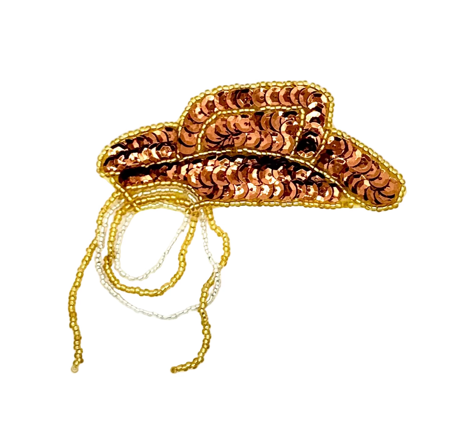 Bronze sequin and bead cowboy hat with rope on a white background