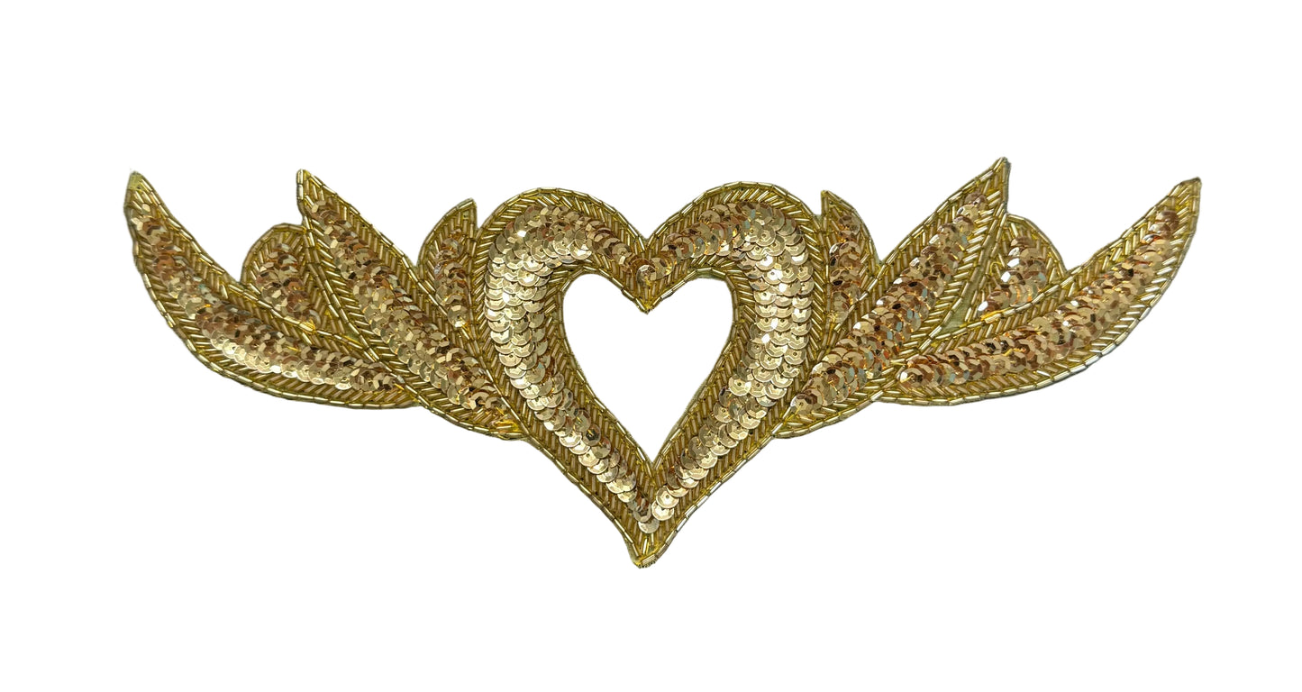 Heart Neckpiece - Gold Sequins - Glass Beads 12" x 4.5"