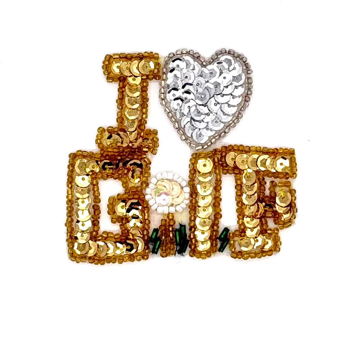 "I Heart (LOVE) Golf - Gold/Silver Sequins - Glass Beads  3" x 2.75"