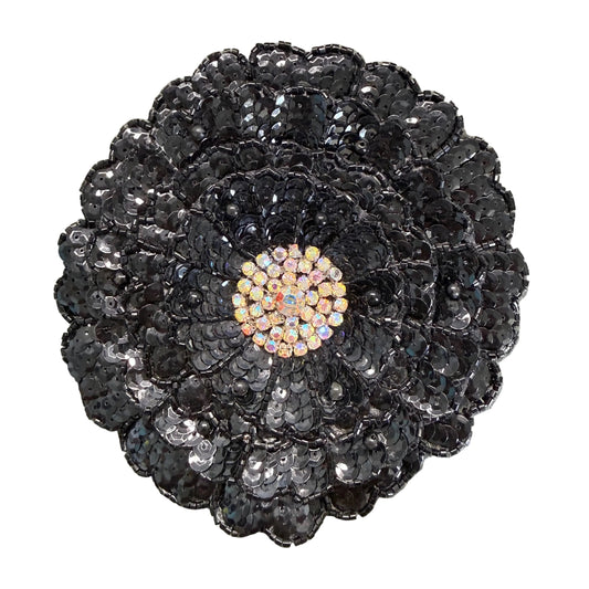 Three-Layer Flower Appliqué with Black Sequins, Beads & AB Rhinestones – 5.5"