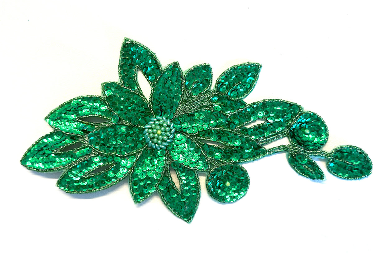Green Sequin Flower Appliqué, Choice of Green or Iridescent Green Glass Beads, 11.75 x 6.5 in