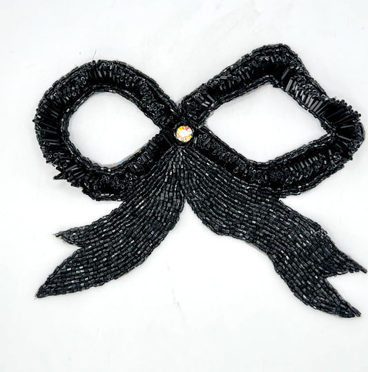 Bow with Raised Black Beads and AB Rhinestone 7" x 6"