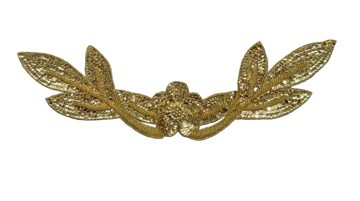 Flower Neckpiece Appliqué - Gold Sequins - Glass Beads 17" x 4"