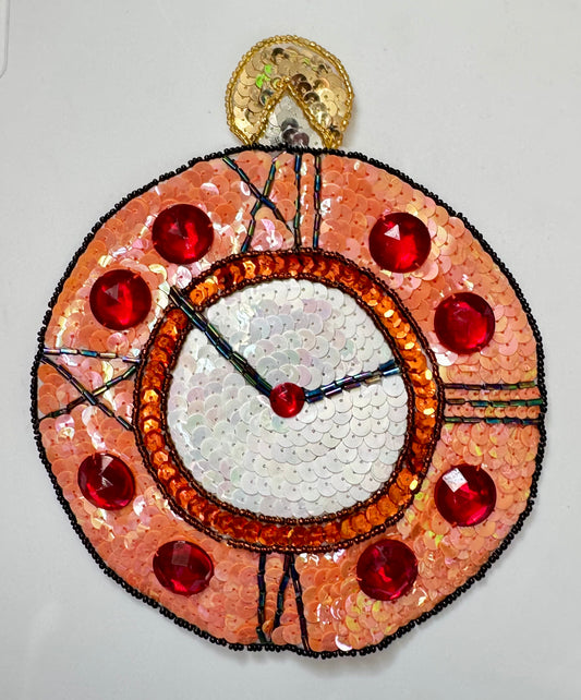Clock Appliqué with Peach, Orange, Gold, Silver and Iridescent White Sequins - Black, Red, Moonlight and Gold Beads - Eight Red Rhinestones 7” x 6”