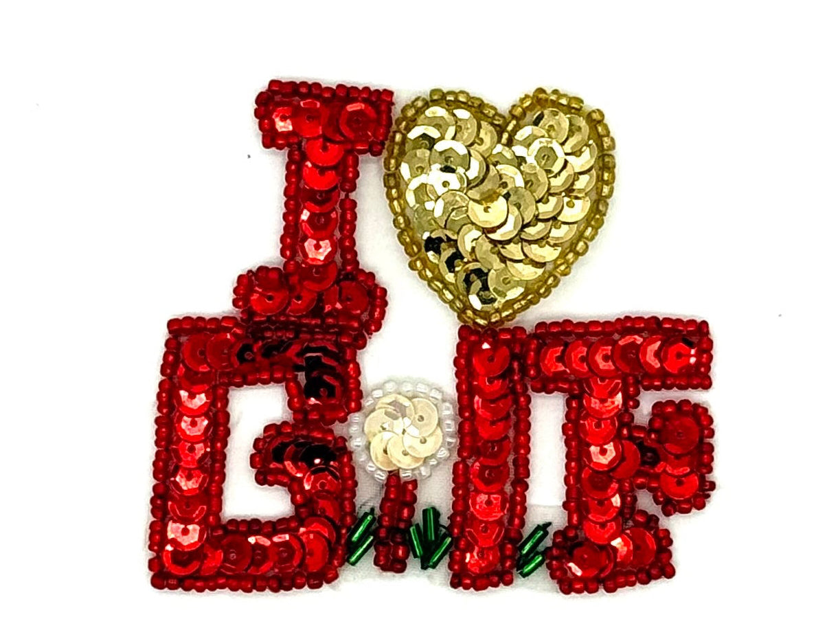 "I Heart (Love) Golf" Appliqué -   Red/Gold Sequins - Glass Beads  3" x2.75"