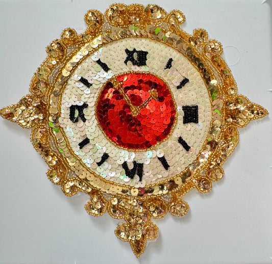 Clock with Gold Beige Red Sequins and Beads 8.5" x 9"