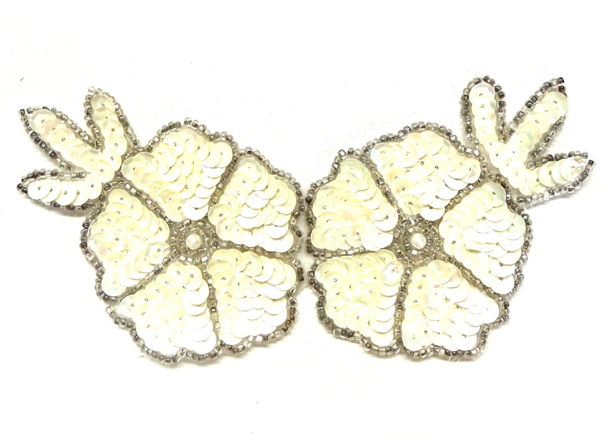 Double Flower Appliqué - Choice of Color Sequins - Glass Beads - Pearl Center 5.5” x 3”